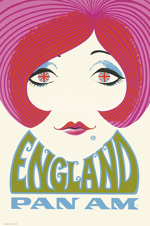 This poster advertising travel to England showcases the artistry and the talent of the many, now forgotten, designers employed by Pan Am. Notice the iconic blue Pan Am logo as the mole on the woman&rsquo;s face and the British flags in her eyes. Anonymous (1969). Copyright Callisto Publishers